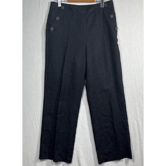 Talbots Pants Womens 10 Black Linen Wide Leg Sailor Button Trouser High Rise - Picture 1 of 11